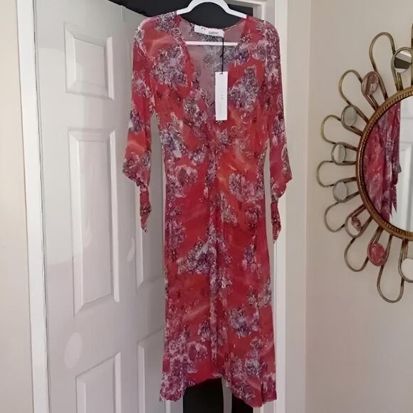 NWT IRO Paris Gramy Printed Midi Dress Red Boho Wrap Effect Size M - Picture 2 of 10
